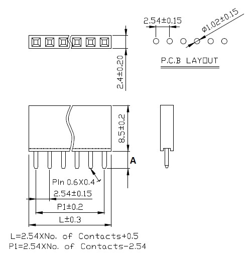 Pin Socket 1x6 Drawing