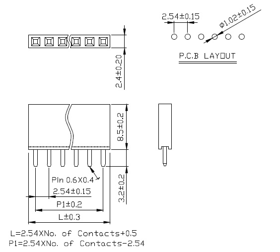 Pin Socket 1x6 Drawing