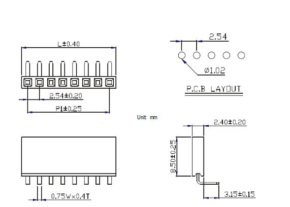 Pin Socket 1x6R Drawing