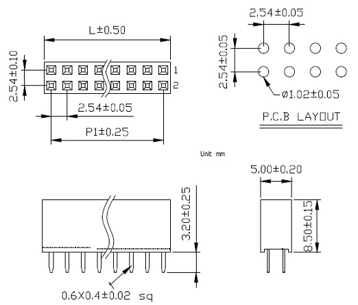 Pin Socket 2x6 Drawing